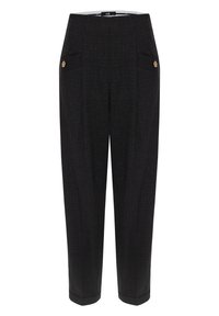 Mustat, teksturoidut housut korkealla vyötäröllä, joissa on kaksi etutaskua ja kultasävyiset napit. Kavennettu lahjesuunnittelu, jossa on käännetty helma.