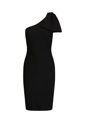 Schwarzes knielanges Kleid mit figurbetonter Silhouette und einer einzelnen aufgeblasenen kurzen Ärmel auf der linken Schulter.