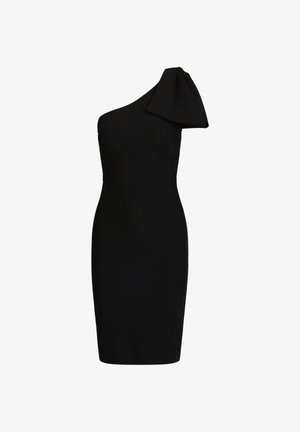 Robe noire longueur genou avec une silhouette ajustée et une seule manche courte bouffante sur l'épaule gauche.