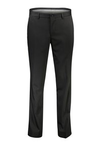 Op maat gemaakte zwarte broek van gladde stof, met een recht gesneden ontwerp, knoopsluiting en subtiele stikseldetails.