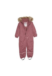Rosa hel overall i snömaterial med en huva med konstpäls, dragkedja, elastiska ärmslut och justerbara fotslingor. Texturerat material med reflexdetaljer.