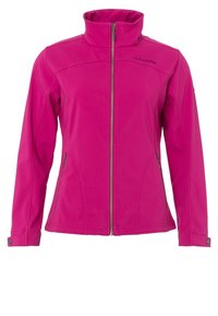 Chaqueta de color rosa brillante con cremallera completa, cuello alto, bolsillos laterales con cremallera y puños ajustables con botones, diseñada para mujeres.