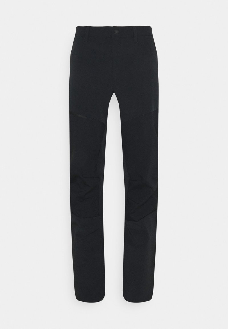 Pantaloni negri cu o textură netedă, având un design cu picior drept și petice întărite pe genunchi pentru durabilitate.
