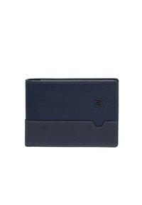 Marineblauwe portemonnee met een bovenkant van getextureerde stof en een onderkant van glad leer, met contrasterende stiksels en een klein logodetail.