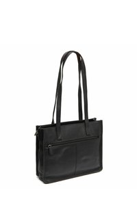 Borsa tote in pelle nera con due manici, tasca frontale con zip, forma rettangolare, texture liscia e dettagli di cucitura minimi.