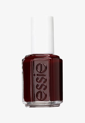 Essie nagellak in een donkere bordeauxkleur, verpakt in een vierkante glazen fles met een witte dop en reliëfbranding aan de zijkant.