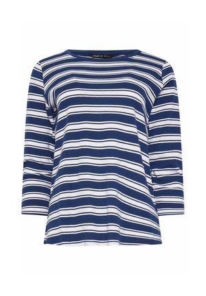 Navy blue and white horizontally striped long-sleeve shirt with a round neckline and relaxed fit.