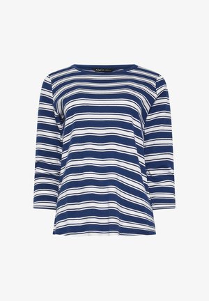 Marineblaue und weiße, horizontal gestreifte Langarmshirt mit rundem Ausschnitt und lockerer Passform.