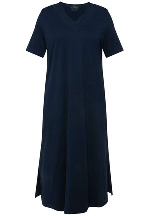 Marineblaues Kurzarmkleid mit V-Ausschnitt, seitlichen Schlitzen und einer lockeren, lässigen Silhouette. Hergestellt aus weichem Stoff mit glatter Textur.