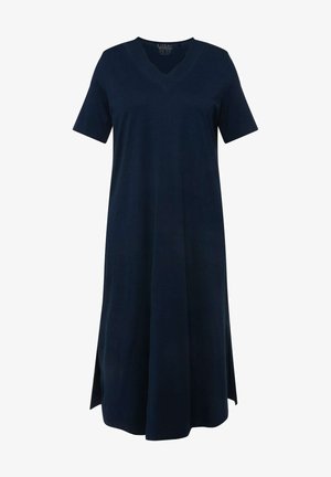 Marineblaues Kurzarmkleid mit V-Ausschnitt, seitlichen Schlitzen und einer lockeren, lässigen Silhouette. Hergestellt aus weichem Stoff mit glatter Textur.