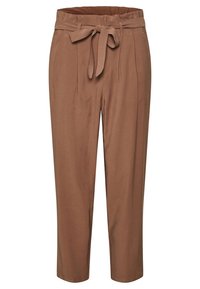 Pantalon marron taille haute, fuselé, avec une ceinture en tissu nouée en nœud, plis sur le devant et poches latérales.