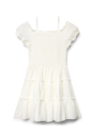 Vestito bianco a balze con corpetto arricciato, spalline sottili e maniche corte a sbuffo con bordi arricciati.