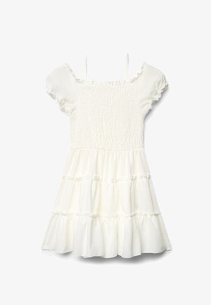 Vestito bianco a balze con corpetto arricciato, spalline sottili e maniche corte a sbuffo con bordi arricciati.