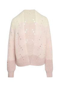 Otwarte kardigan w gradientowym, jasnoróżowym dzianinowym wzorze. Posiada fakturowany wzór z otworami oraz ściągacze na rękawach. Miękki, luźny krój.