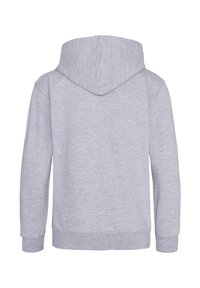 Felpa grigia con cappuccio spazioso, maniche lunghe e una semplice struttura in cotone misto, con vita e polsini a coste.