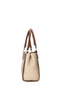 Borsa a tote con base in pelle marrone chiaro, lati beige e manici in pelle marrone. Presenta hardware dorato e un design liscio e strutturato.