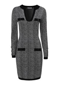 Graues langärmliges Kleid mit V-Ausschnitt, mit schwarzen Akzenten und Knöpfen, strukturiertem Tierdruckmuster und zwei vorderen Taschen.