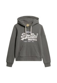 Felpa grigia in cotone con tasca frontale, cappuccio con coulisse e dettagli del logo bianco "SuperDry". Le maniche e l'orlo a coste migliorano la vestibilità.