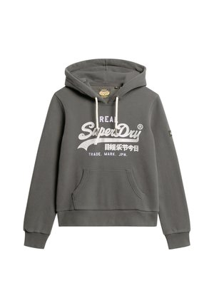 Hoodie gris en coton avec une poche frontale, capuche à cordon de serrage et détail du logo "SuperDry" blanc. Les poignets et l'ourlet côtelés améliorent l'ajustement.