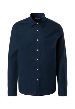 Navy blue button-up shirt with long sleeves, soft fabric, white buttons, and a small logo on the chest. Classic collar and tailored fit.