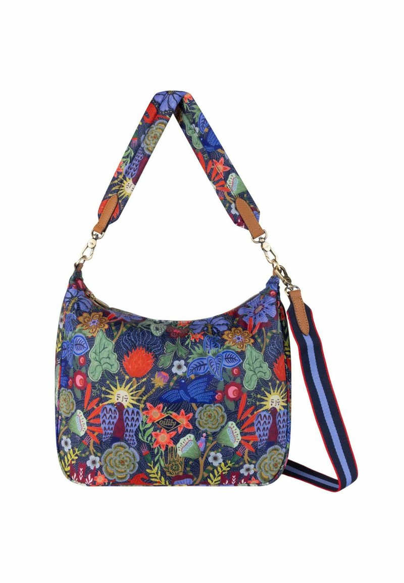 Schoudertas met bloemmotief op een blauwe achtergrond, bruine leren accenten en een meerkleurige verstelbare strap. Heeft een gebogen vorm.