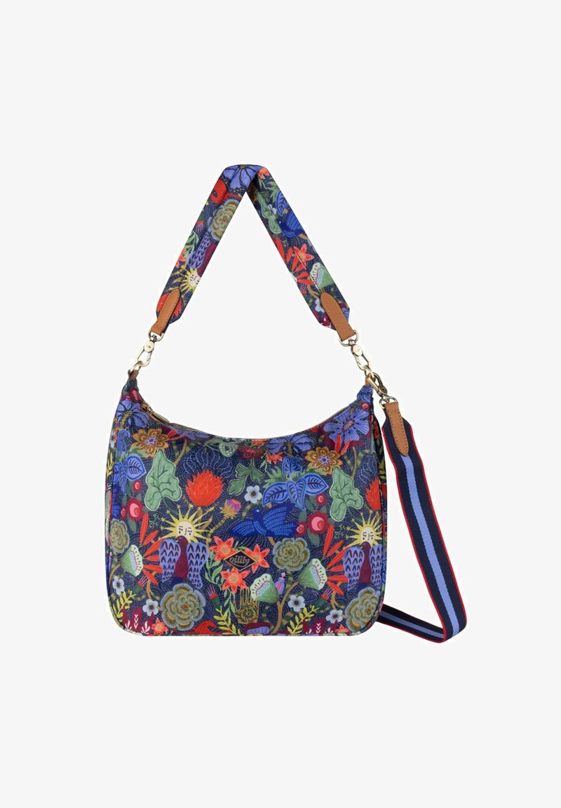 Sac à épaule à motif floral avec un fond bleu, des accents en cuir marron et une bandoulière réglable multicolore. Présente une forme courbée.