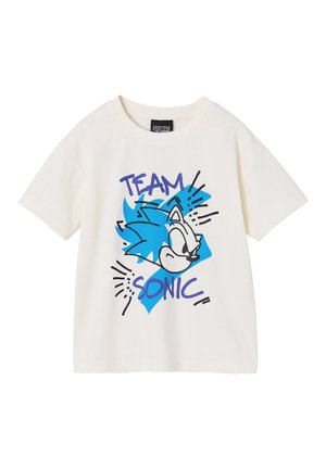 White short-sleeve T-shirt with a blue graphic of Sonic the Hedgehog's head and the text "TEAM SONIC" in purple and black lines.