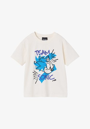 White short-sleeve T-shirt with a blue graphic of Sonic the Hedgehog's head and the text "TEAM SONIC" in purple and black lines.