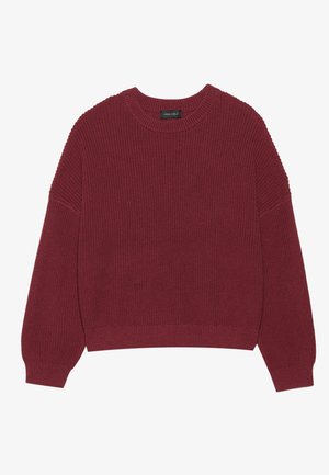 Burgundy knit sweater with a round neckline, dropped shoulder seams, and ribbed cuffs and hem. Textured fabric adds visual interest.