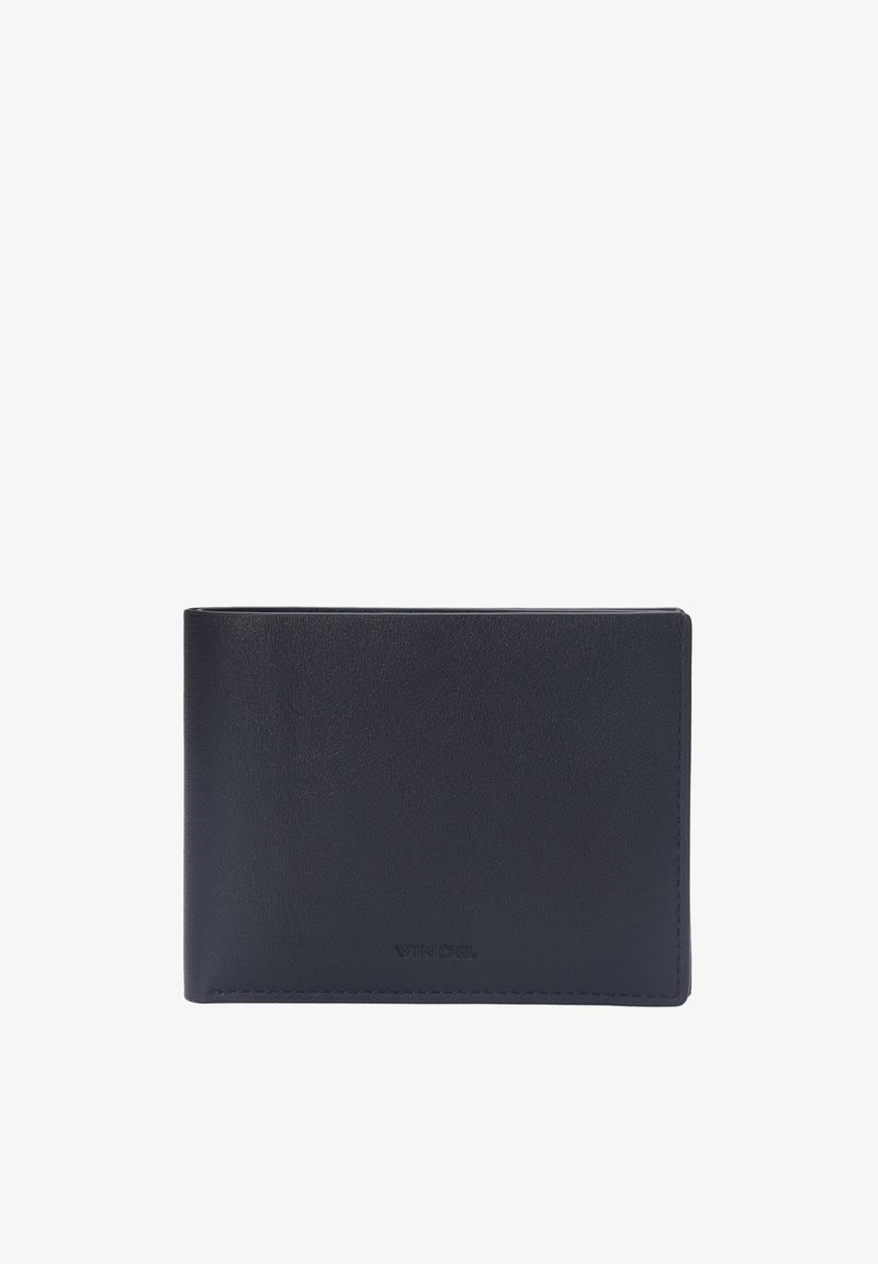 Portefeuille en cuir noir avec une texture lisse, un design pliable en deux et un logo discret sur le bas devant. Compact et minimaliste.