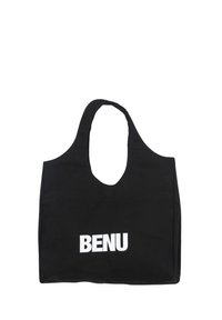 Czarna torba tote z owalnym uchwytem. Zawiera wyraźny biały tekst "BENU" na dole, płaski design i wytrzymały materiał.