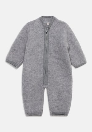 Soft grey fleece baby jumpsuit with long sleeves and a front zipper closure placed against a white background.