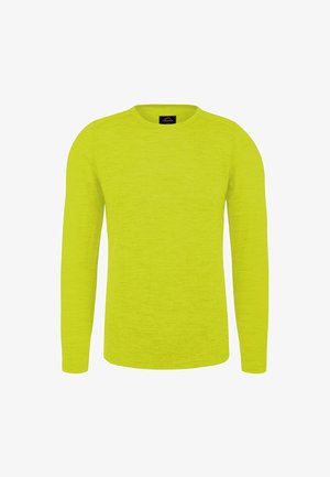 Helles gelbes Langarmshirt mit Rundhalsausschnitt und glatter Textur, frontseitig auf weißem Hintergrund dargestellt.