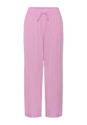 Pantalon ample rose clair avec taille élastique et cordon de serrage ajustable, coupe droite et ourlets retroussés.