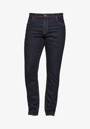 Jeans blu scuro realizzati in denim, con una vestibilità slim, design a cinque tasche, chiusura con bottone superiore e dettagli di cucitura arancioni in contrasto.