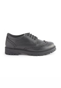 Pantofi din piele neagră cu un model brogue, design cu șireturi, vârf rotunjit și talpă rezistentă. Textură netedă cu detalii perforate.