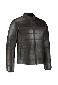 Giacca nera in pelle con un design imbottito, colletto rialzato, zip frontale e tasche laterali. Texture liscia con un leggero lucido.