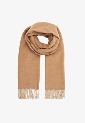 Krém színű sál puha anyagból, sima textúrával, mindkét végén hosszú, egyenletes bojtokkal. A méretei standard körbetekert stílust sugallnak.