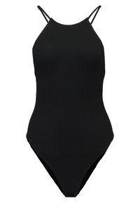 Černé žebrované jednodílné plavky s tenkými ramínky a vyšívaným výst řihem. Hladká textura s přiléhavým střihem.