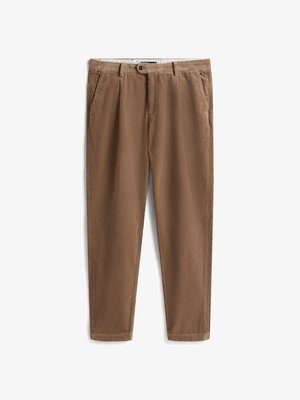 Pantaloni din corduroy maro cu un design cu picioare drepte, având două buzunare frontale, închidere cu un singur buton și textură din nervuri verticale.