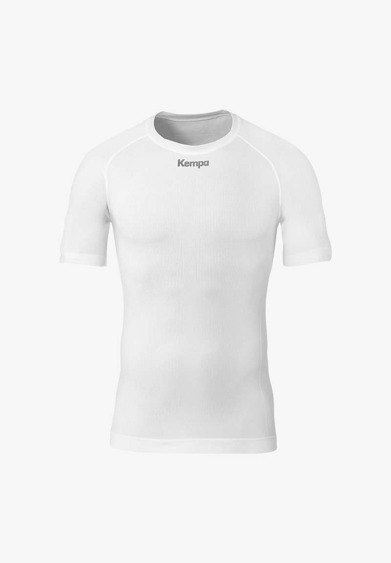 Hvid kortærmet tætsiddende skjorte lavet af strækstof, med et tekstureret mønster og en rund halsudskæring. "Kempa" logoet trykt foran.