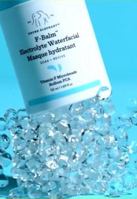 Drunk Elephant F-Balm Electrolyte Waterfacial, white container with blue accents, held above clear gel-like microbeads on a bright blue background.