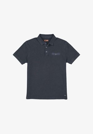 Navy Poloshirt aus strukturiertem Stoff, mit kragen, einer Drei-Knopf-Leiste und einer kleinen Tasche mit einem kontrastierenden Streifen.