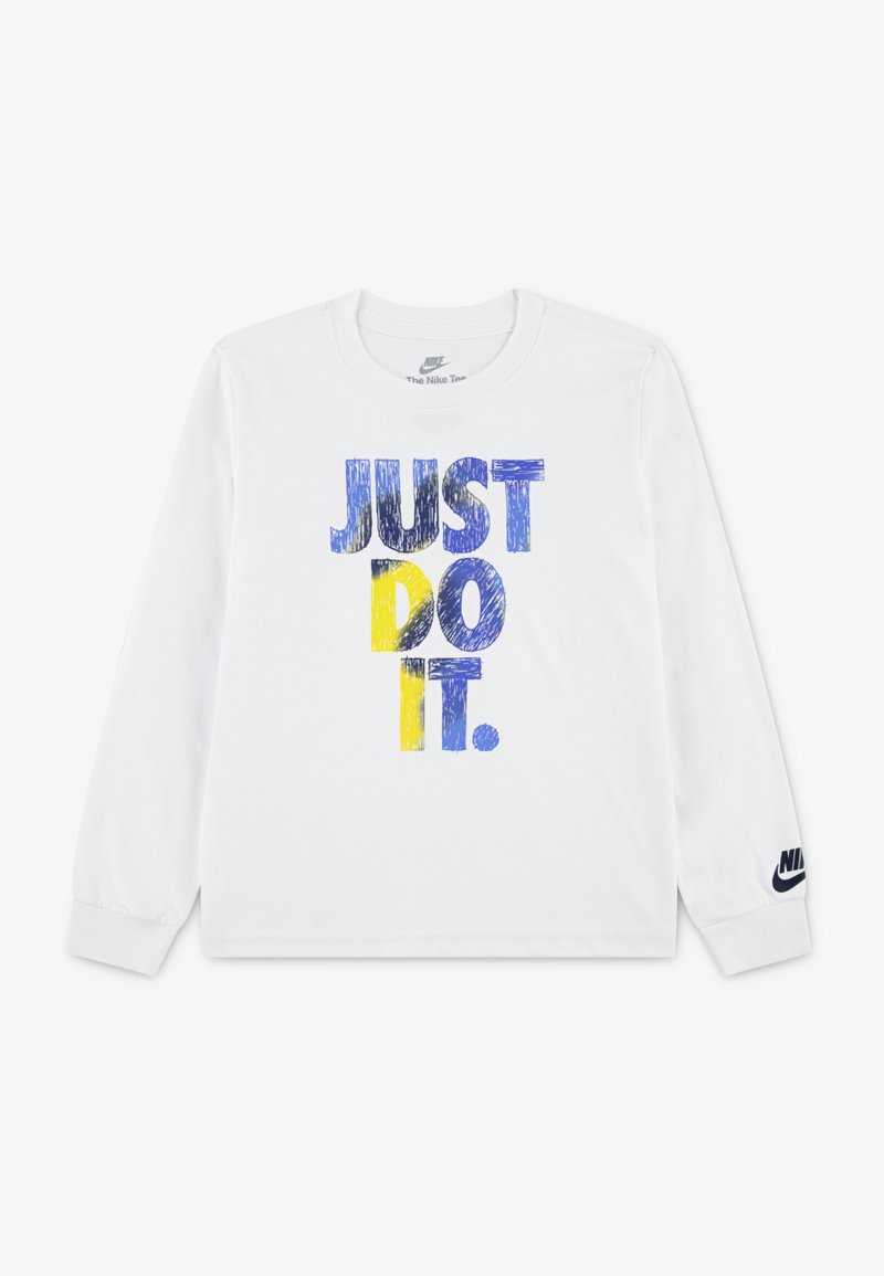 Hosszú ujjú, fehér pamut póló, kék és sárga "CSAK TEDD MEG!" grafikával, az első bal ujjon fekete Nike logóval.