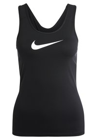Tank top deportivo negro hecho de una tela suave y elástica. Presenta un escote en forma de barco y un prominente logo blanco de Nike en el frente.