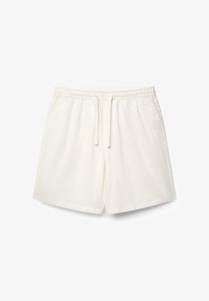 Weiße Shorts mit elastischem Bund und Tunnelzug, Seitentaschen und geradem Saum, flach auf weißem Hintergrund ausgelegt.