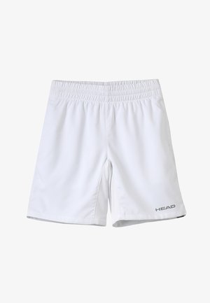 Shorts deportivos blancos hechos de una tela suave, con una cinturilla elástica y un logo gris de "HEAD" en la parte inferior izquierda.