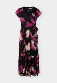 Μαύρο μάξι φόρεμα με μοτίβα λουλουδιών σε μωβ και μπεζ, κοντά μανίκια με φουσκάλες, V-λαιμόκοψη τύπου wrap και ζώνη με δέσιμο στο πλάι.