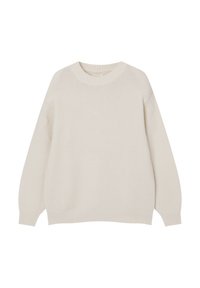 Lichtbeige gebreide trui met een ronde halslijn, lange mouwen en een losse pasvorm, voorzien van geribde boorden en onderrand.