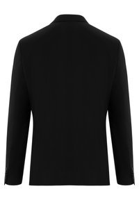 Black tailored blazer with a notched collar, long sleeves, and two buttons at the cuffs. Smooth texture and structured back design.